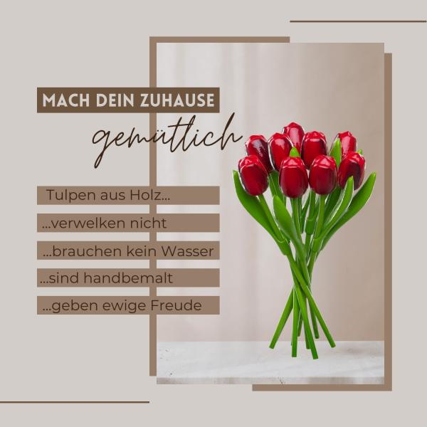 Tulip bouquet made of wood - 9 hand-painted wooden tulips, 34 cm tall, red/aubergine, wooden flower decoration, made in Holland